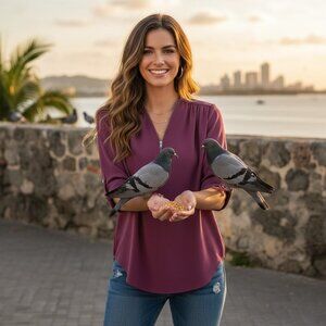 Ultra-Chic Purple V-Neck Blouse with Zip Detail & Roll-Up Sleeves Trendy 💜✨